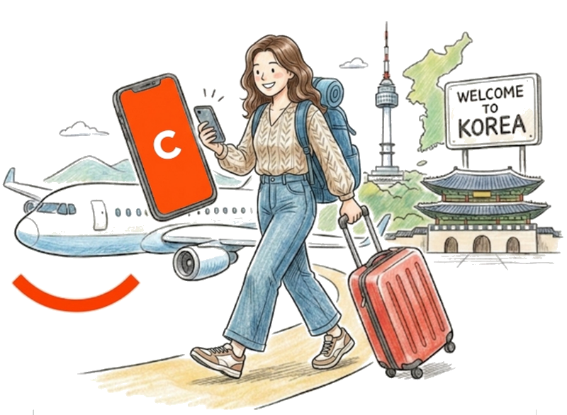 한국을 방문하는 외국인 관광객이 캐치테이블 앱을 사용하는 일러스트